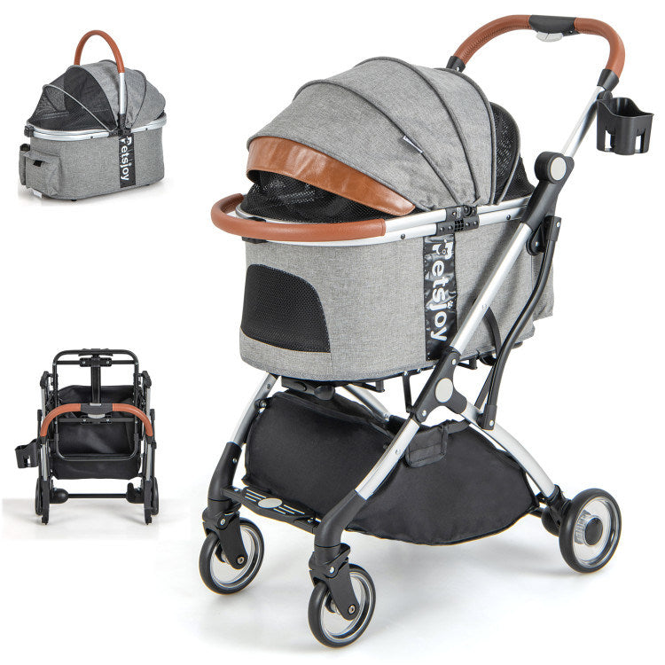 Stylish Round Canopy Pet Stroller with 2-Way Opening - Gray