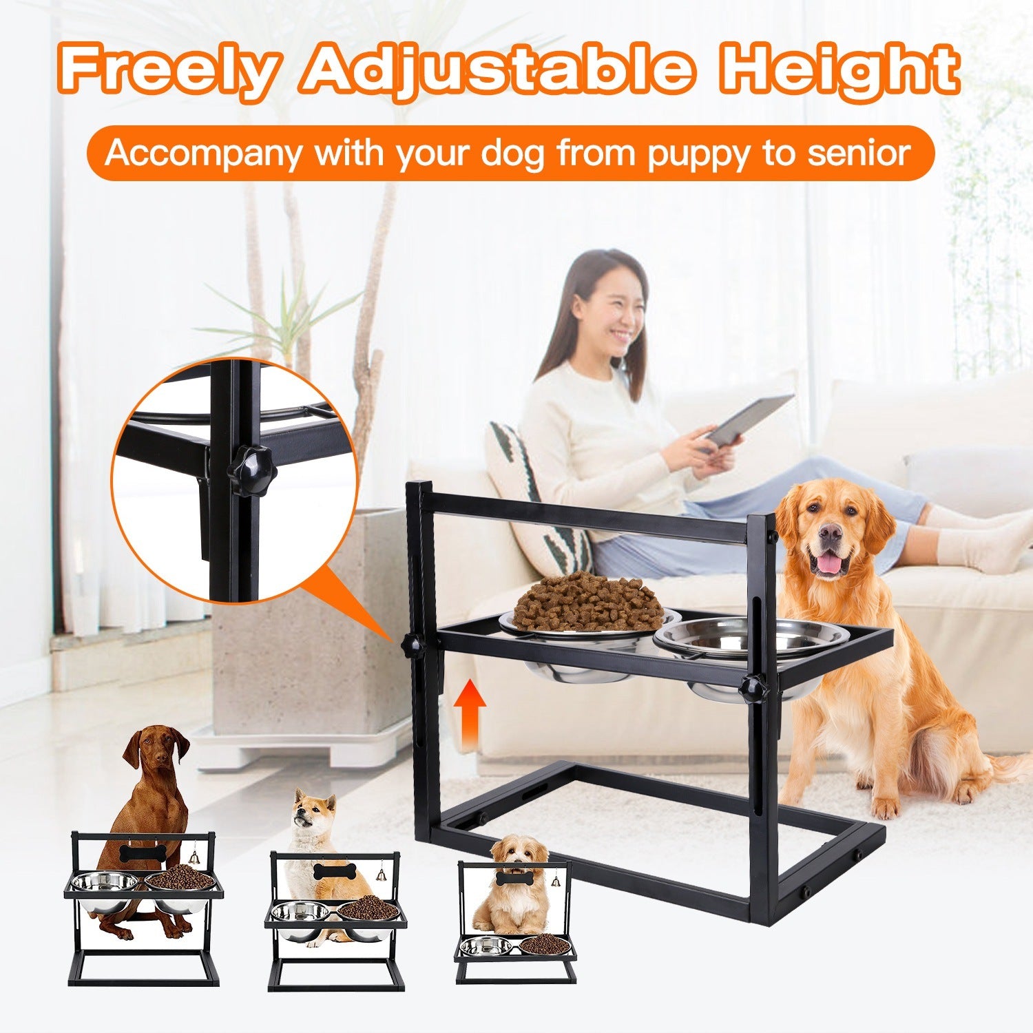 Adjustable Height Iron Stand with Elevated Dog Bowls