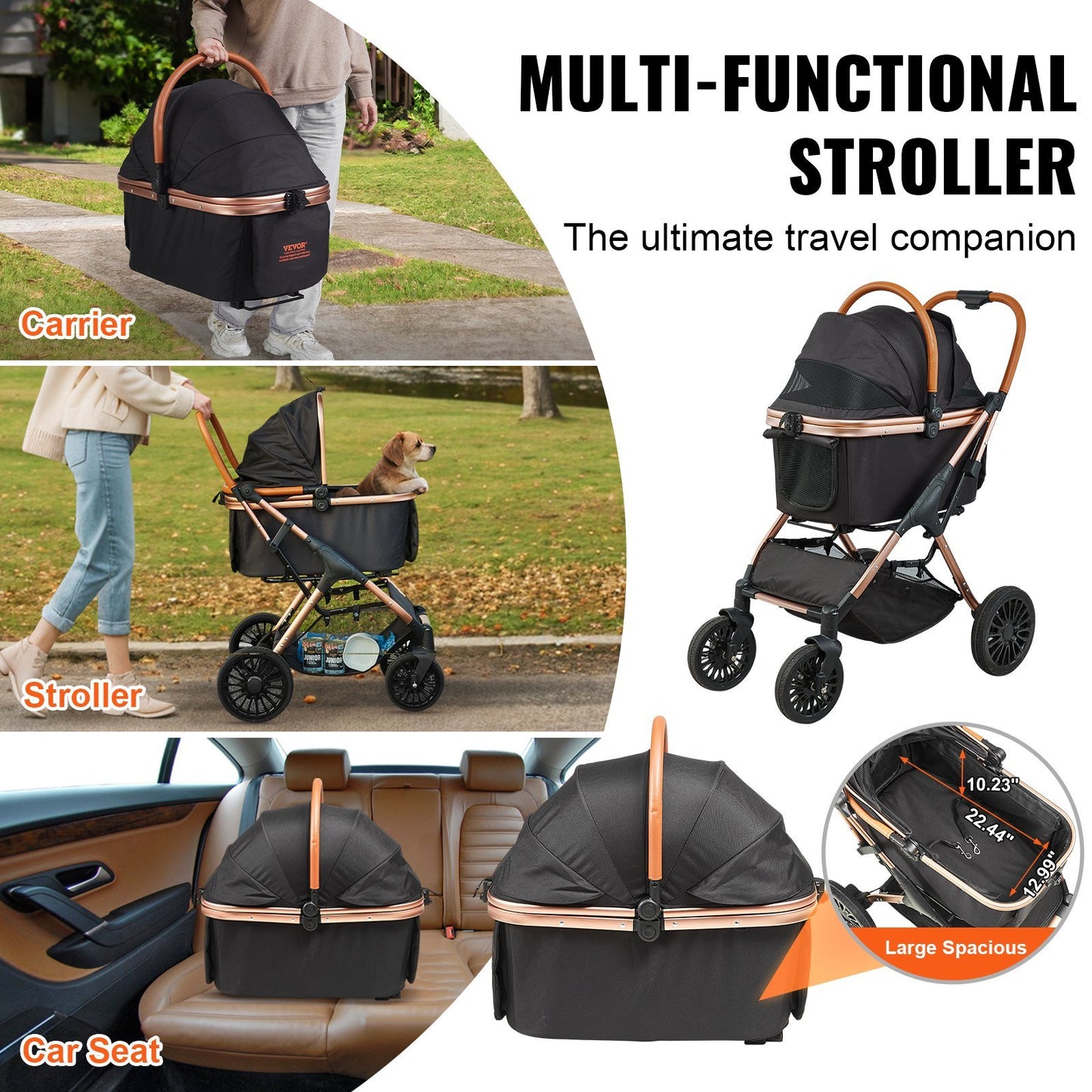 Stylish Round Canopy Pet Stroller with 2-Way Opening - Black