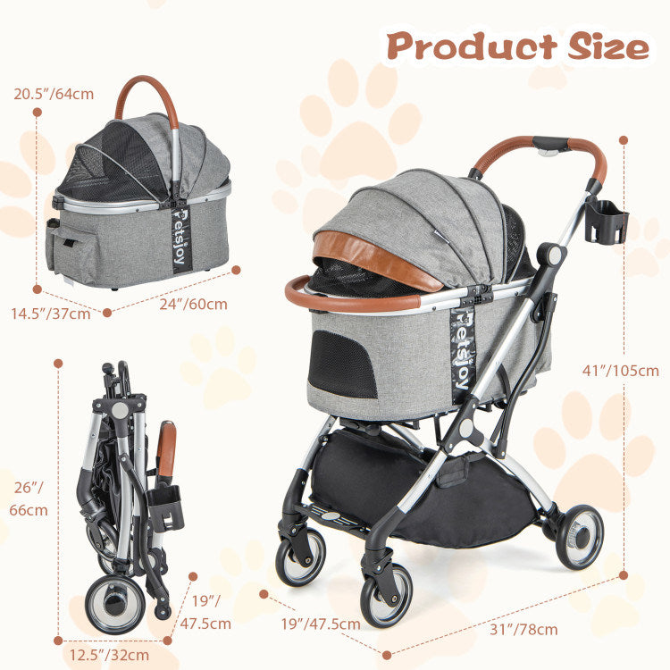 Stylish Round Canopy Pet Stroller with 2-Way Opening - Gray