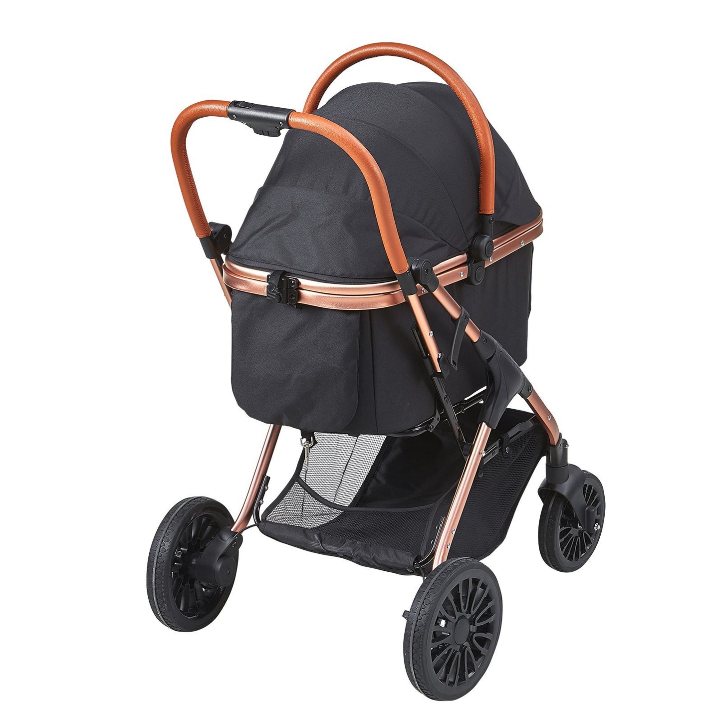 Stylish Round Canopy Pet Stroller with 2-Way Opening - Black