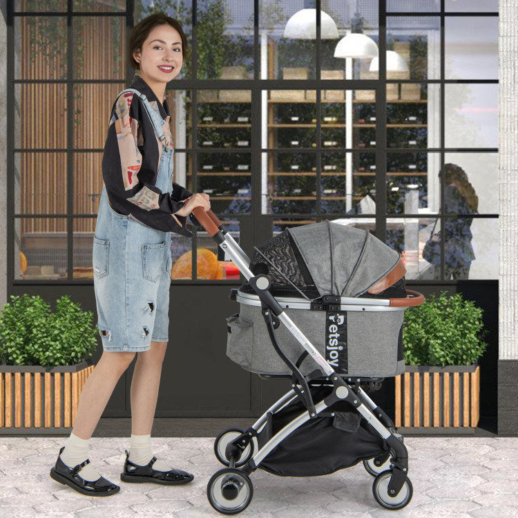 Stylish Round Canopy Pet Stroller with 2-Way Opening - Gray