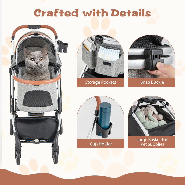 Stylish Round Canopy Pet Stroller with 2-Way Opening - Gray