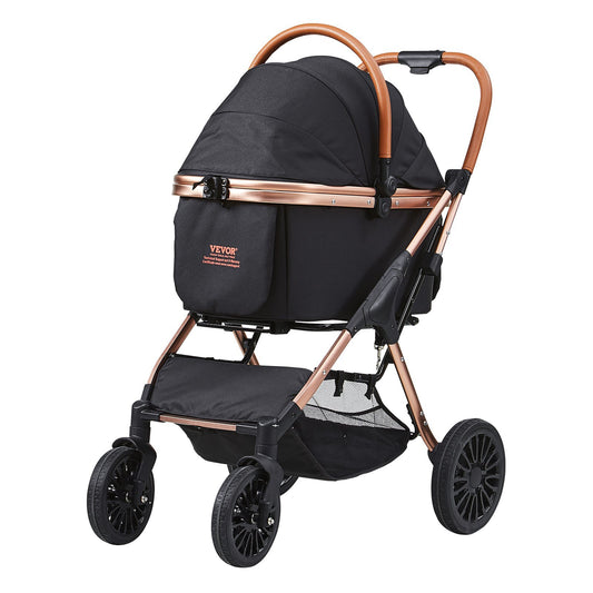 Stylish Round Canopy Pet Stroller with 2-Way Opening - Black