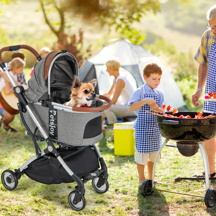 Stylish Round Canopy Pet Stroller with 2-Way Opening - Gray