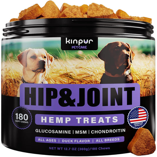 Natural Glucosamine and Hemp Oil Hip and Joint Supplements with Chondroitin MSM - Duck Flavored for All Breeds 180 Chews
